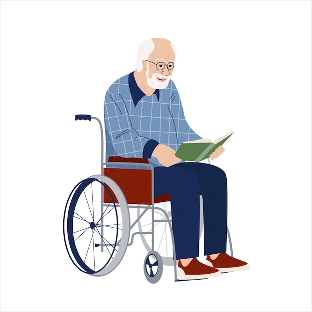 Reading old man in wheelchair Disabled elderly man spending time with book Vector flat illustration