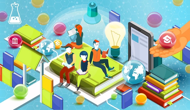 Reading people. Educational concept. Online library. Online education isometric flat design on blue