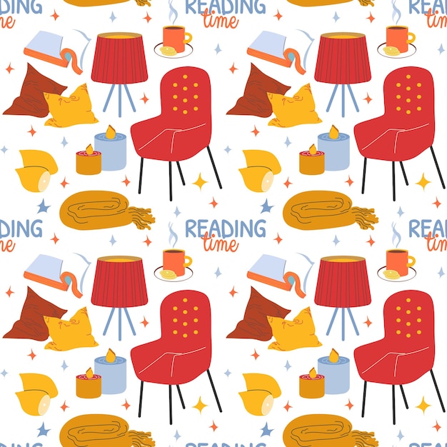 Reading time hygge seamless pattern vector illustration