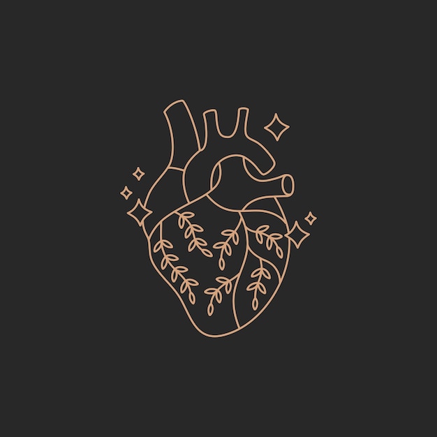 Real anatomical heart with flowers gold simple contour line in boho style on black background modern trendy hand drawn vector magic symbol and mystic design element doodle flat shape illustration