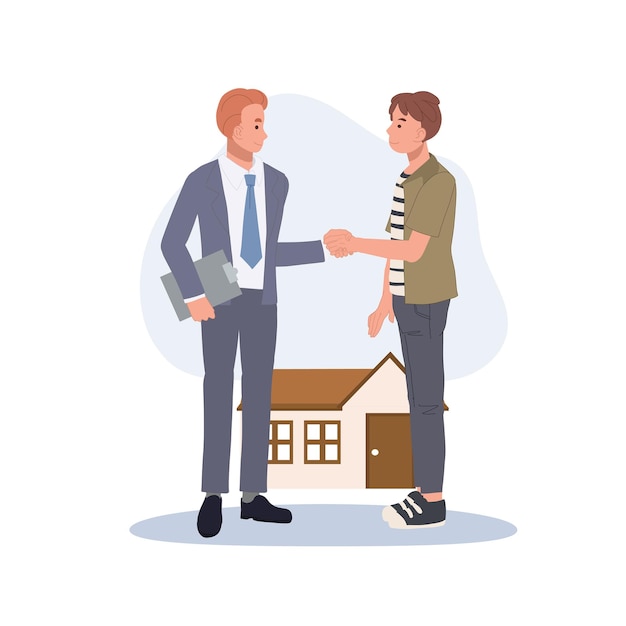 Vector real estate agency handshake with a man real estate purchase concept buying home vector illustration