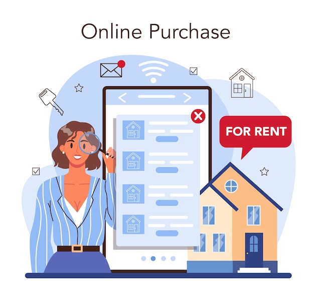 Vector real estate agency online service or platform. realtor or broker help customer to rent or rent out a house. online purchase. flat vector illustration