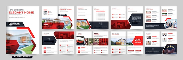 Real estate agency portfolio and profile layout vector with red and dark colors Modern homeselling business magazine template design with photo placeholders House sale promotional booklet vector