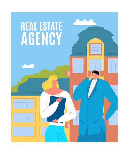 Real estate agency poster banner character woman and man realtor promotional billboard flat vector