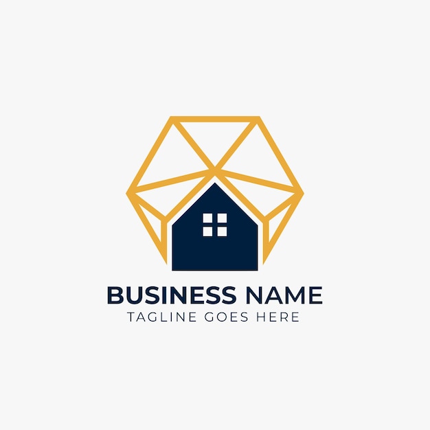 Real estate Architecture Interior Realty Minimal Hexagonal Structure Blue and Gold Logo Design Ve