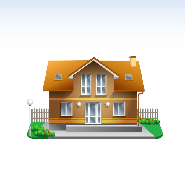 Real estate building Illustration of brown house and roof. flat style realistic home icon with garden