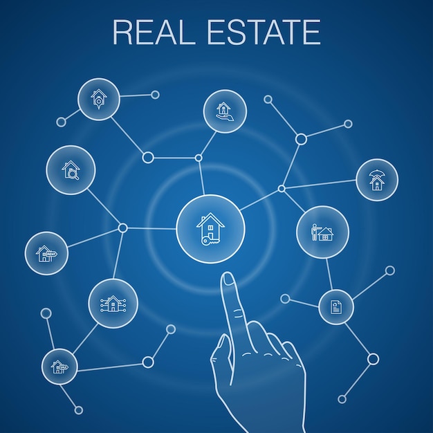 Real Estate concept, blue background. Property, Realtor, location, Property for sale icons