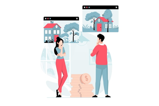 Vector real estate concept with people scene in flat design man and woman think choose between locations to buy new house make decision about housing vector illustration with character situation for web