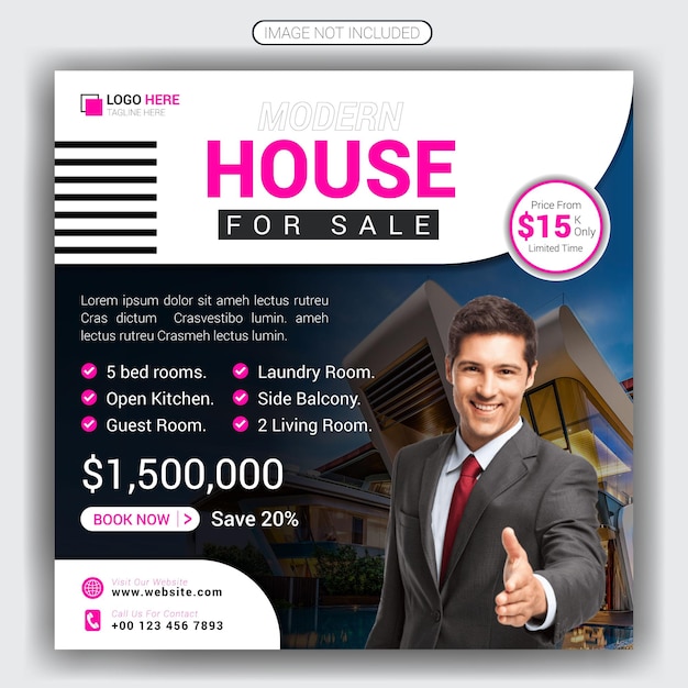 Real estate home for sale or house property instagram post design or social media banner template