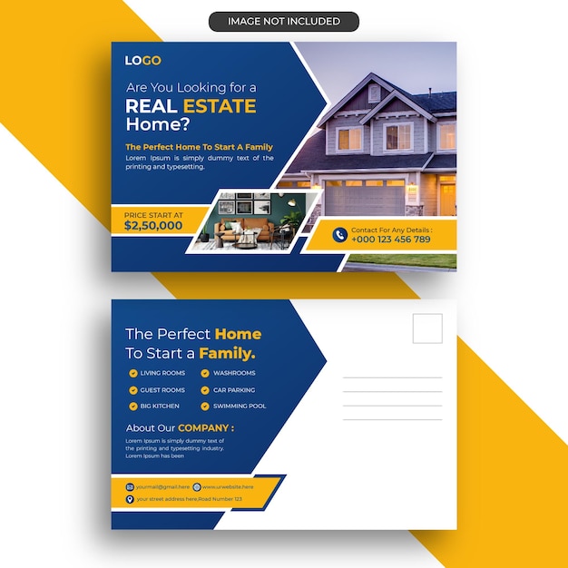 Real estate or home sale postcard design vector template for business