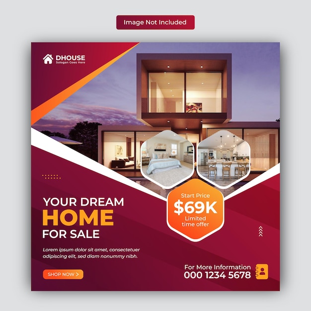 Real estate home for sale social media instagram post or square web banner advertising template