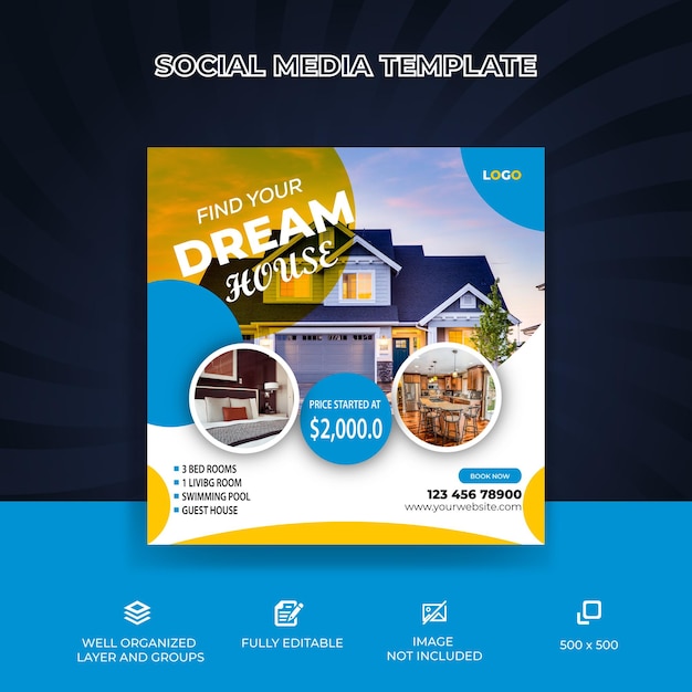 Real estate house property instagram post or social media banner template