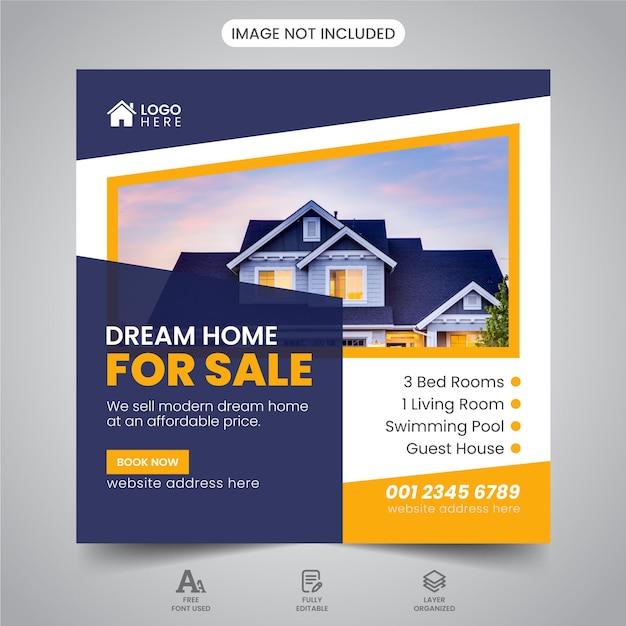 Real Estate House property Social Media Squire Banner Flyer Vector Template Design