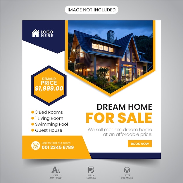 Real Estate House property Social Media Squire Banner Flyer Vector Template Design