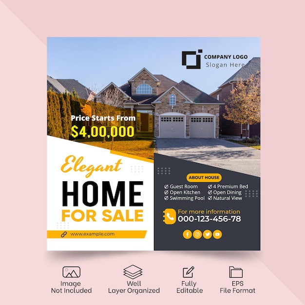 Real estate house social media post or square banner template design