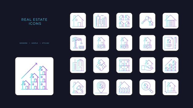 Real Estate icons collection with blue duotone style building home house sale rent apartment agent Vector illustration