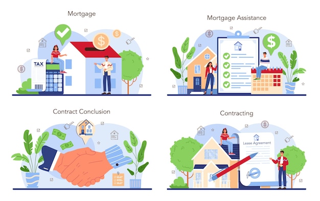 Real estate industry or realtor concept set. Realtor assistance and help in mortgage contract. Property loan and credit. Finance investment in real estate. Flat vector illustration