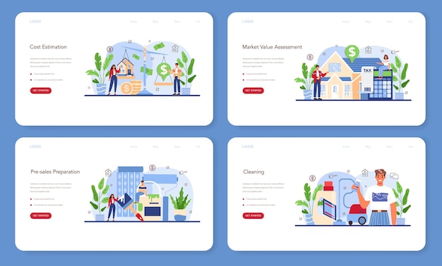 Real estate industry web banner or landing page set. Realtor assistance and help in property cost assessment. House pre-sale preparation and estimation. Flat vector illustration