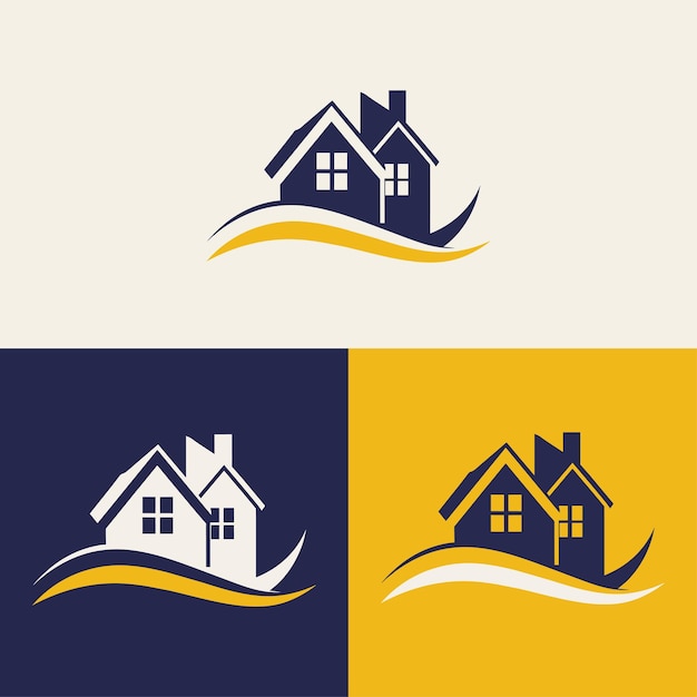 Vector real estate logo design featuring blue and yellow colors with silhouette buildings in the background