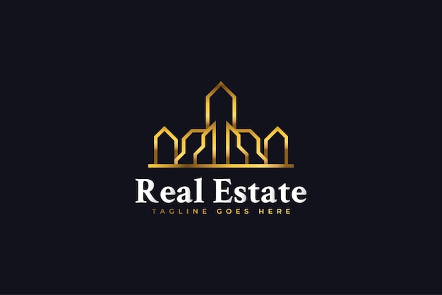 Real Estate Logo Design with Line Style in Gold Gradient. Construction, Architecture or Building Logo Design Template