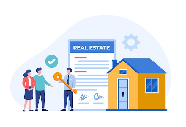 Real estate mortgage, home developer and customer, property concept, flat illustration vector