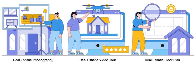 Real Estate Photography Video Tour Floor Plan with People Characters Illustrations Pack