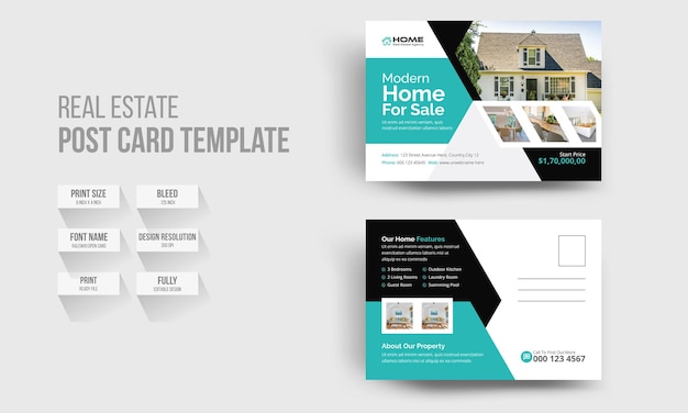 Real Estate Postcard Vector Template.Modern and Elegant Template For Home Sale Post Card