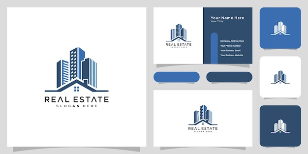 Real estate with building and house logo design and business card