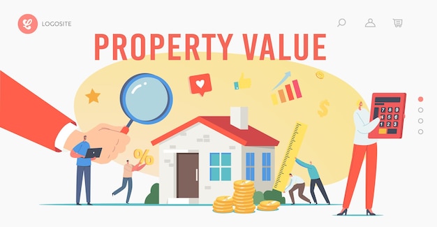 Real Property Value, Assessment Landing Page Template. Appraisers Characters doing House Inspection. Real Estate Valuation, Home Professional Appraisal with Agents. Cartoon People Vector Illustration