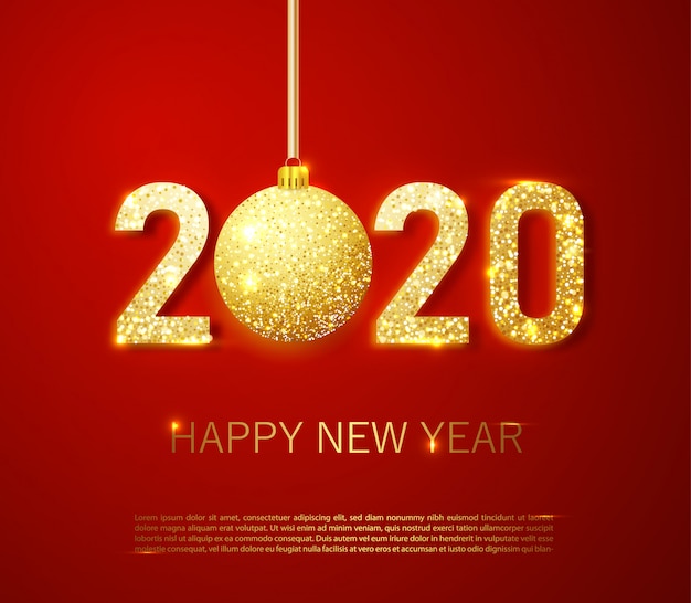 Realistic 2020 golden numbers and festive confetti, stars and spiral ribbons on red background