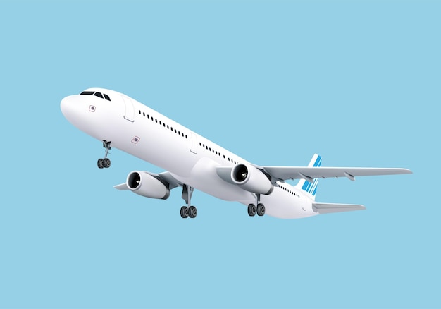 Realistic 3D airplane flying in the air isolated on blue background Passenger plane sky flying Vector 3d Illustration