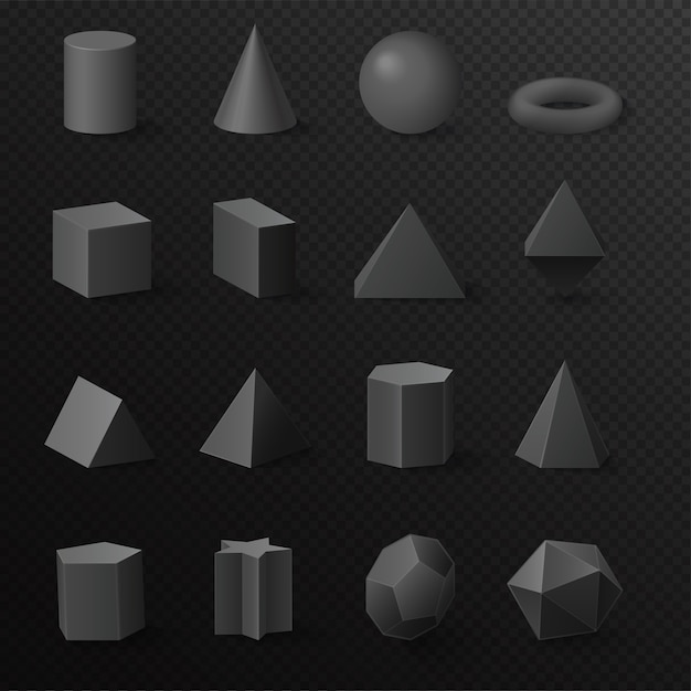 Vector realistic 3d basic volumetric black diamond shapes primitives figures set