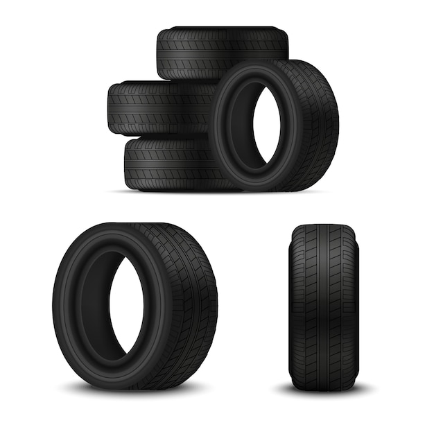 Vector realistic 3d detailed black car tires set for service maintenance or sport vector illustration of rubber tyre