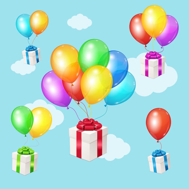 Realistic 3d Detailed Color Balloons and Present Boxes on Blue Sky Background Vector