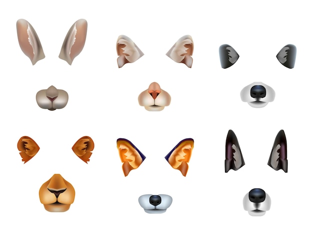 Vector realistic 3d detailed different video chat effects animal faces set vector