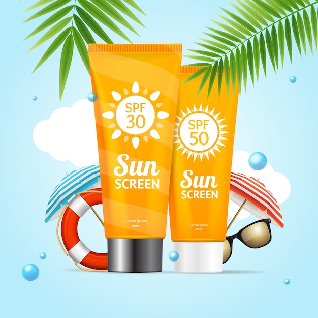 Realistic 3d Detailed Sunscreen Sun Protection Card Vector