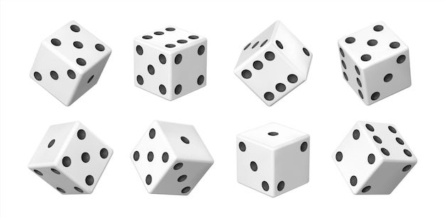 Realistic 3D dice White casino and betting element View from different sides on white cube with black dots Tossed craps set Vector table games equipment with points combinations