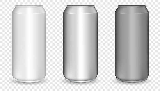 Realistic 3d empty glossy metal white, black and silver aluminium beer pack or can set. Aluminum blank mockup.