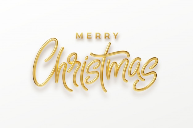 Realistic 3d inscription Merry Christmas isolated on. Golden shiny lettering.