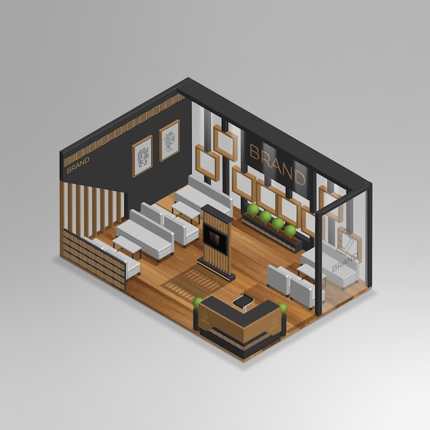 realistic 3d isometric mini showroom