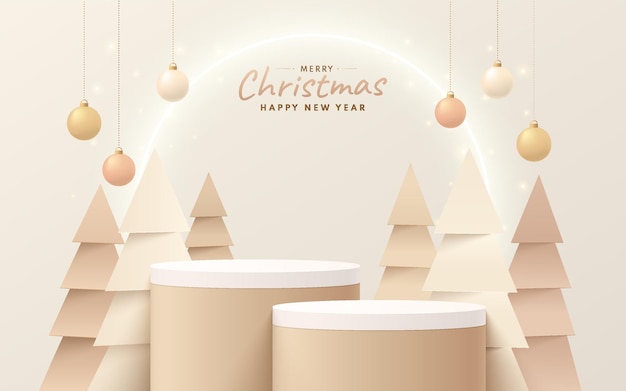 Realistic 3D light brown cylinder podium set with modern christmas tree and illuminate neon ring