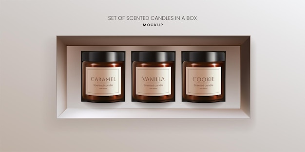 Vector a realistic 3d mockup of scented vanilla candles in brown glass jars in a open packaging box