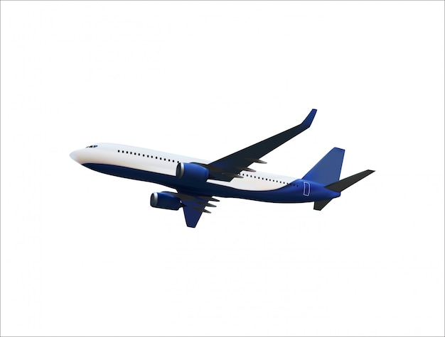 Realistic 3D model of an airplane flying in the air of white and blue coloring.