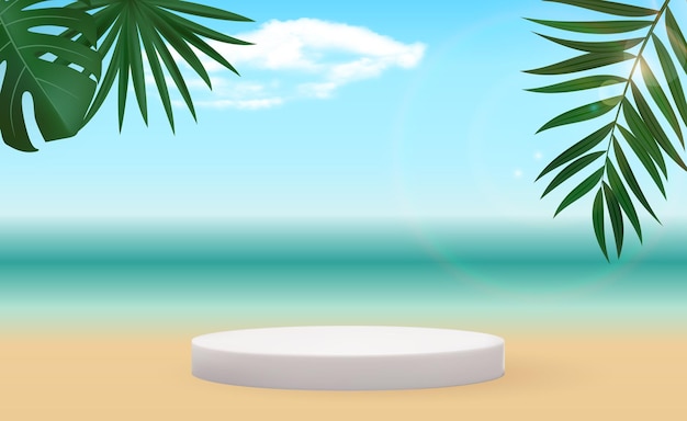 Realistic 3d pedestal over sunny background with palm leaf Trendy empty podium display