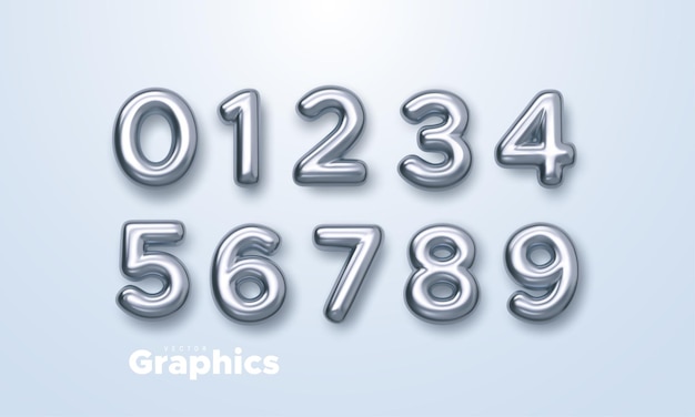 Realistic 3d silver numbers set isolated