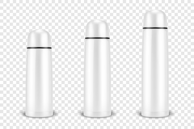 Vector realistic 3d small medium large  white empty glossy metal or plastic vacuum thermo tumbler flask