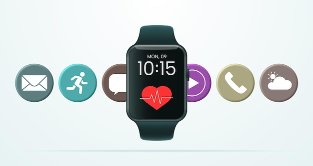 Realistic 3d smart watch with application icons on a light background.