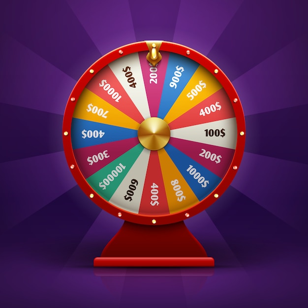 Realistic 3d spinning fortune wheel, lucky roulette illustration.