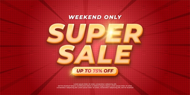 Realistic 3d Super sale horizontal banner with red background