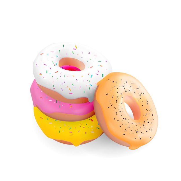 Realistic 3d sweet tasty donuts.